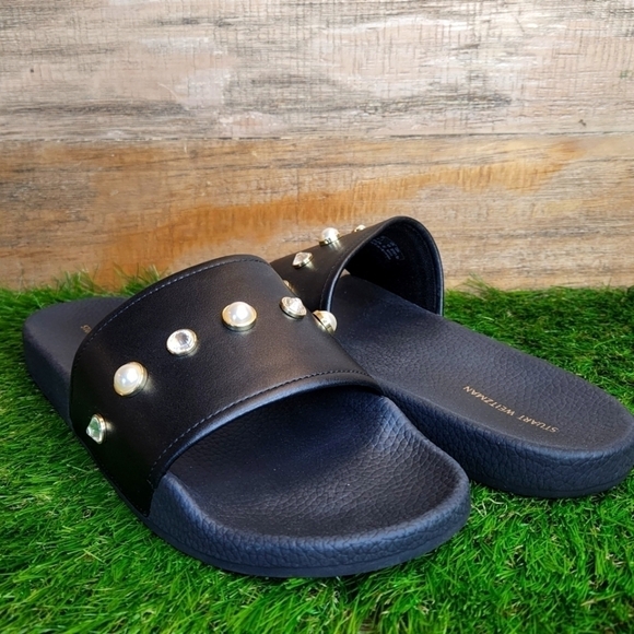 New Stuart WeitzmanWomen's Black Pearlshine Pool Leather Slide Sz 11.0 - Picture 1 of 11